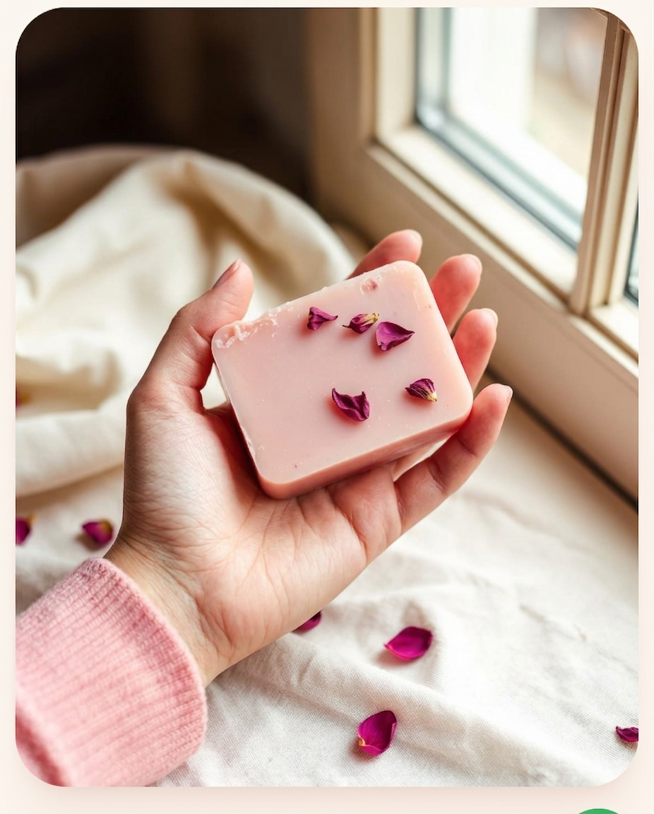 Aneela holding a freshly-made handmade rose petal soap